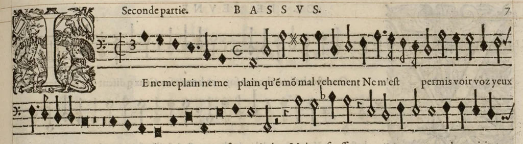 An illustration from Meslanges de la musique de Clau. Le Jeune a 4. 5. 6. 8. & 10. parties. Bassus., 1587, leaf 20