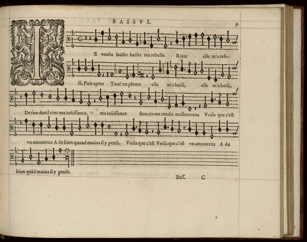 An illustration from Meslanges de la musique de Clau. Le Jeune a 4. 5. 6. 8. & 10. parties. Bassus., 1587, leaf 24