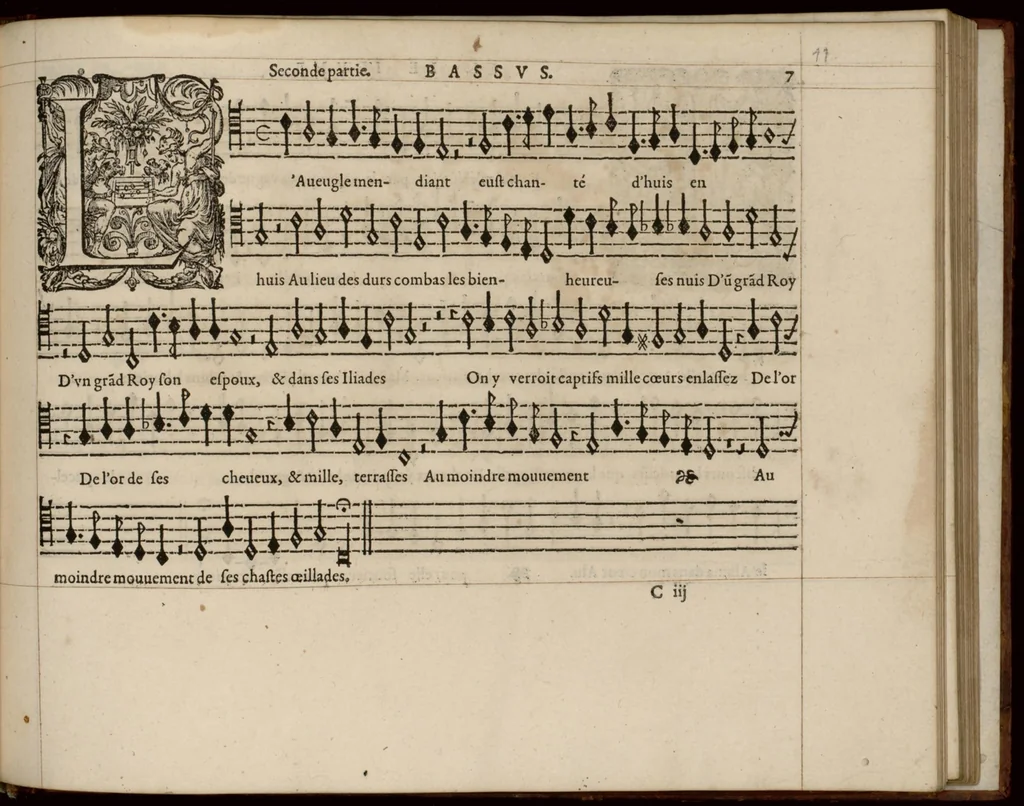 An illustration from Meslanges de la musique de Clau. Le Jeune a 4. 5. 6. 8. & 10. parties. Bassus., 1587, leaf 28