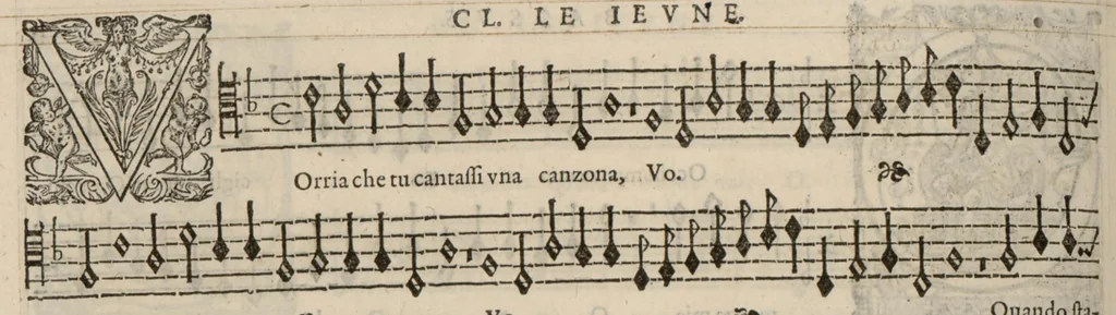 An illustration from Meslanges de la musique de Clau. Le Jeune a 4. 5. 6. 8. & 10. parties. Bassus., 1587, leaf 33