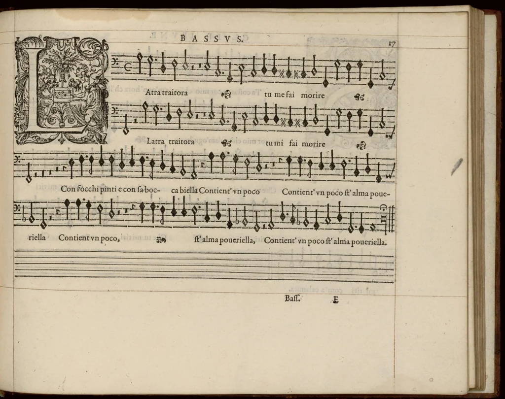 An illustration from Meslanges de la musique de Clau. Le Jeune a 4. 5. 6. 8. & 10. parties. Bassus., 1587, leaf 40
