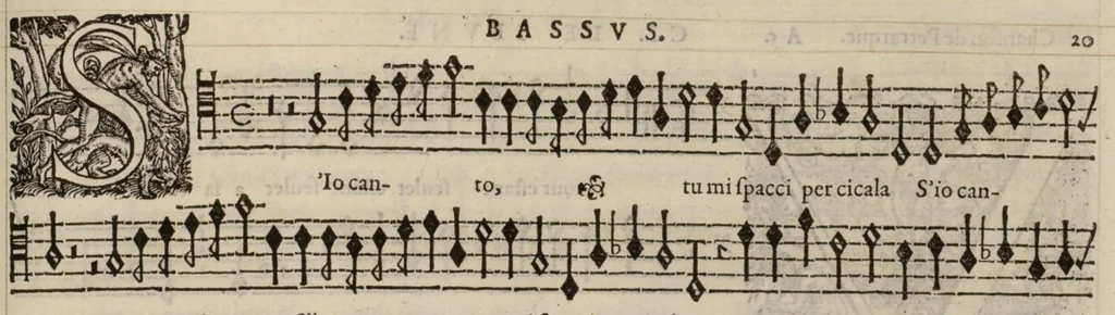 An illustration from Meslanges de la musique de Clau. Le Jeune a 4. 5. 6. 8. & 10. parties. Bassus., 1587, leaf 46