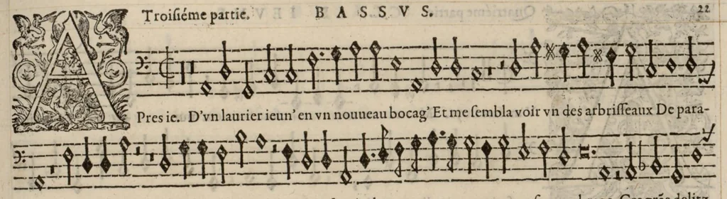 An illustration from Meslanges de la musique de Clau. Le Jeune a 4. 5. 6. 8. & 10. parties. Bassus., 1587, leaf 50