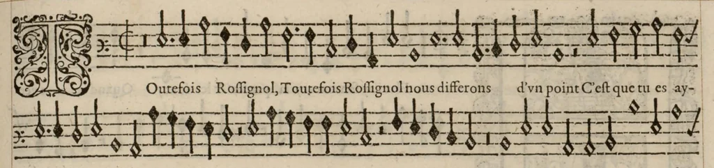An illustration from Meslanges de la musique de Clau. Le Jeune a 4. 5. 6. 8. & 10. parties. Bassus., 1587, leaf 68