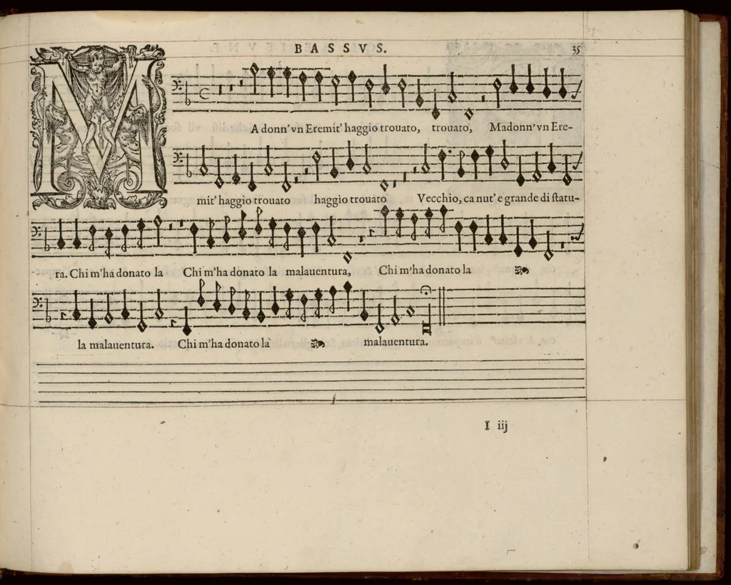An illustration from Meslanges de la musique de Clau. Le Jeune a 4. 5. 6. 8. & 10. parties. Bassus., 1587, leaf 76
