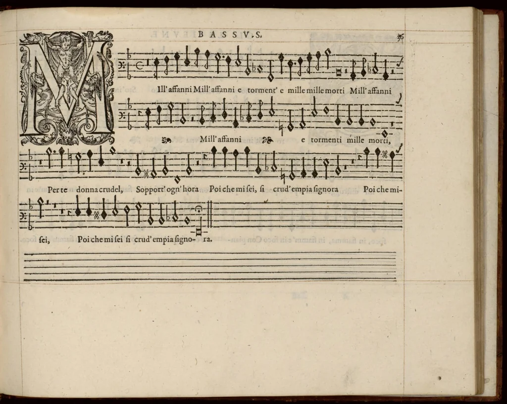 An illustration from Meslanges de la musique de Clau. Le Jeune a 4. 5. 6. 8. & 10. parties. Bassus., 1587, leaf 78
