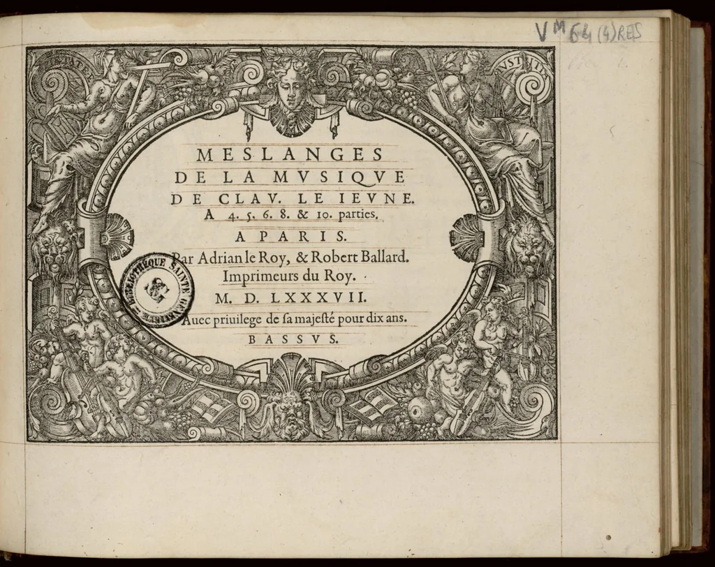 An illustration from Meslanges de la musique de Clau. Le Jeune a 4. 5. 6. 8. & 10. parties. Bassus., 1587, leaf 8