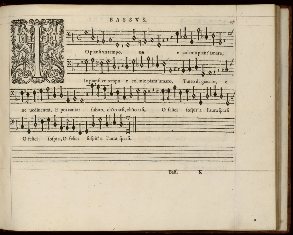 An illustration from Meslanges de la musique de Clau. Le Jeune a 4. 5. 6. 8. & 10. parties. Bassus., 1587, leaf 80