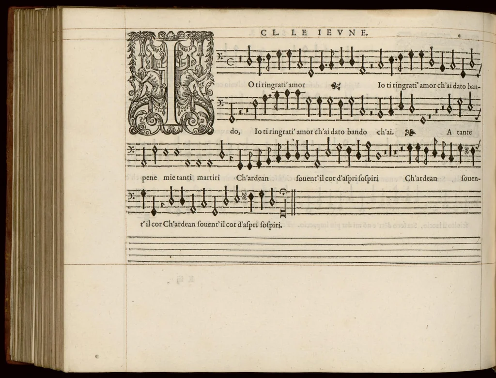An illustration from Meslanges de la musique de Clau. Le Jeune a 4. 5. 6. 8. & 10. parties. Bassus., 1587, leaf 85