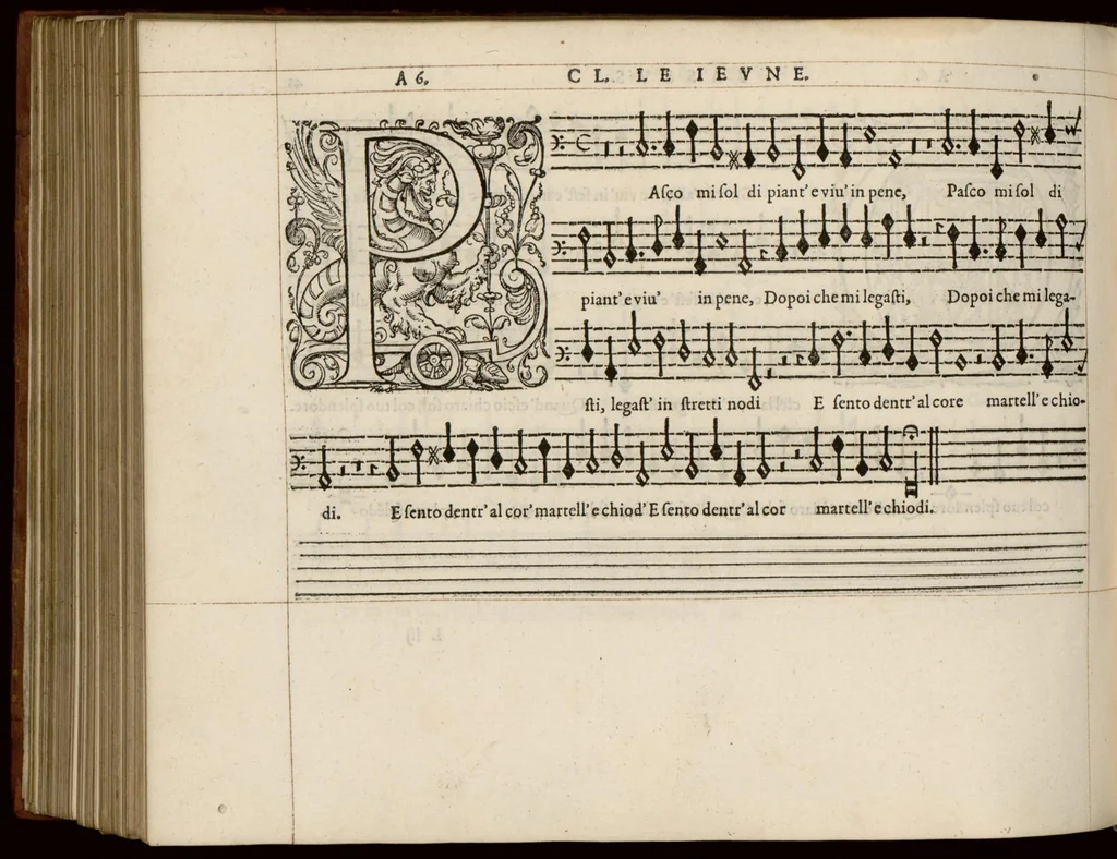 An illustration from Meslanges de la musique de Clau. Le Jeune a 4. 5. 6. 8. & 10. parties. Bassus., 1587, leaf 93