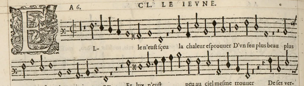 An illustration from Meslanges de la musique de Clau. Le Jeune a 4. 5. 6. 8. & 10. parties. Bassus., 1587, leaf 95