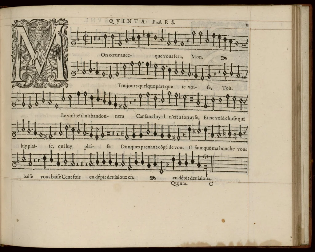 An illustration from Meslanges de la musique de Clau. Le Jeune a 4. 5. 6. 8. & 10. parties. Quinta pars., 1587, leaf 24