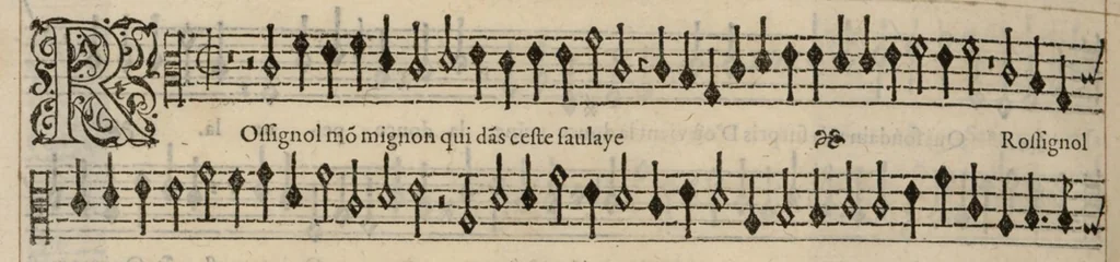An illustration from Meslanges de la musique de Clau. Le Jeune a 4. 5. 6. 8. & 10. parties. Quinta pars., 1587, leaf 35
