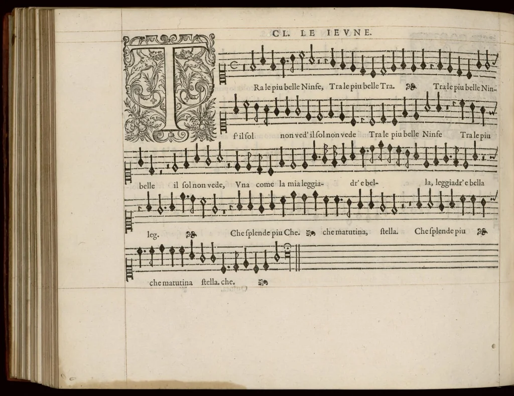 An illustration from Meslanges de la musique de Clau. Le Jeune a 4. 5. 6. 8. & 10. parties. Quinta pars., 1587, leaf 49