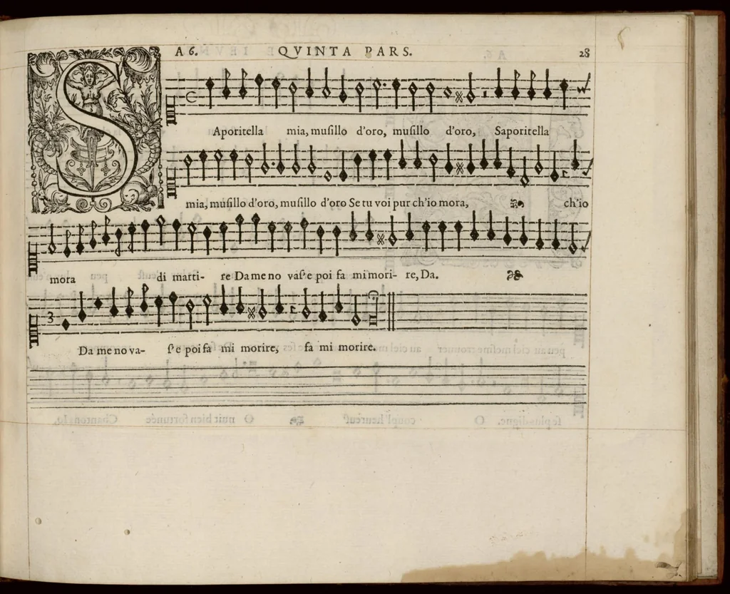 An illustration from Meslanges de la musique de Clau. Le Jeune a 4. 5. 6. 8. & 10. parties. Quinta pars., 1587, leaf 62
