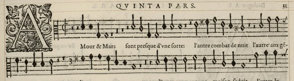 An illustration from Meslanges de la musique de Clau. Le Jeune a 4. 5. 6. 8. & 10. parties. Quinta pars., 1587, leaf 68