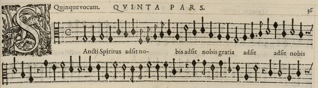An illustration from Meslanges de la musique de Clau. Le Jeune a 4. 5. 6. 8. & 10. parties. Quinta pars., 1587, leaf 78