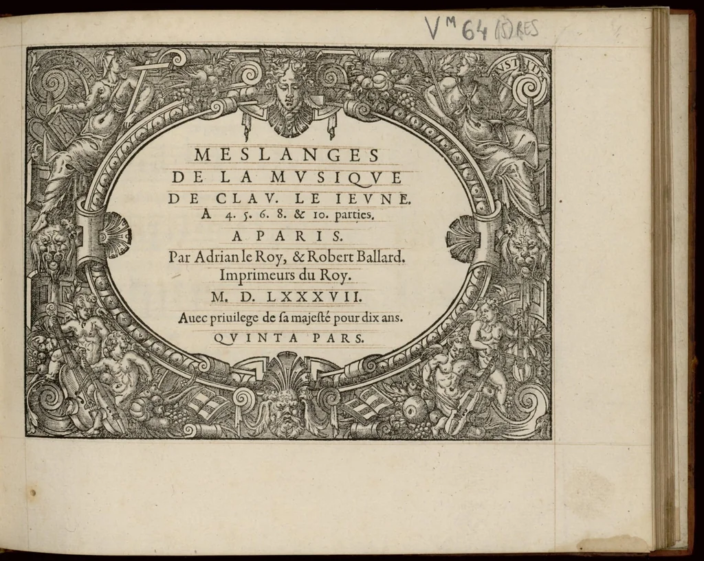 An illustration from Meslanges de la musique de Clau. Le Jeune a 4. 5. 6. 8. & 10. parties. Quinta pars., 1587, leaf 8
