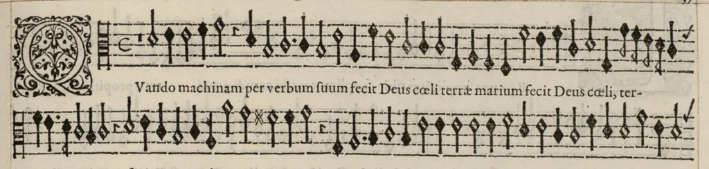 An illustration from Meslanges de la musique de Clau. Le Jeune a 4. 5. 6. 8. & 10. parties. Quinta pars., 1587, leaf 80