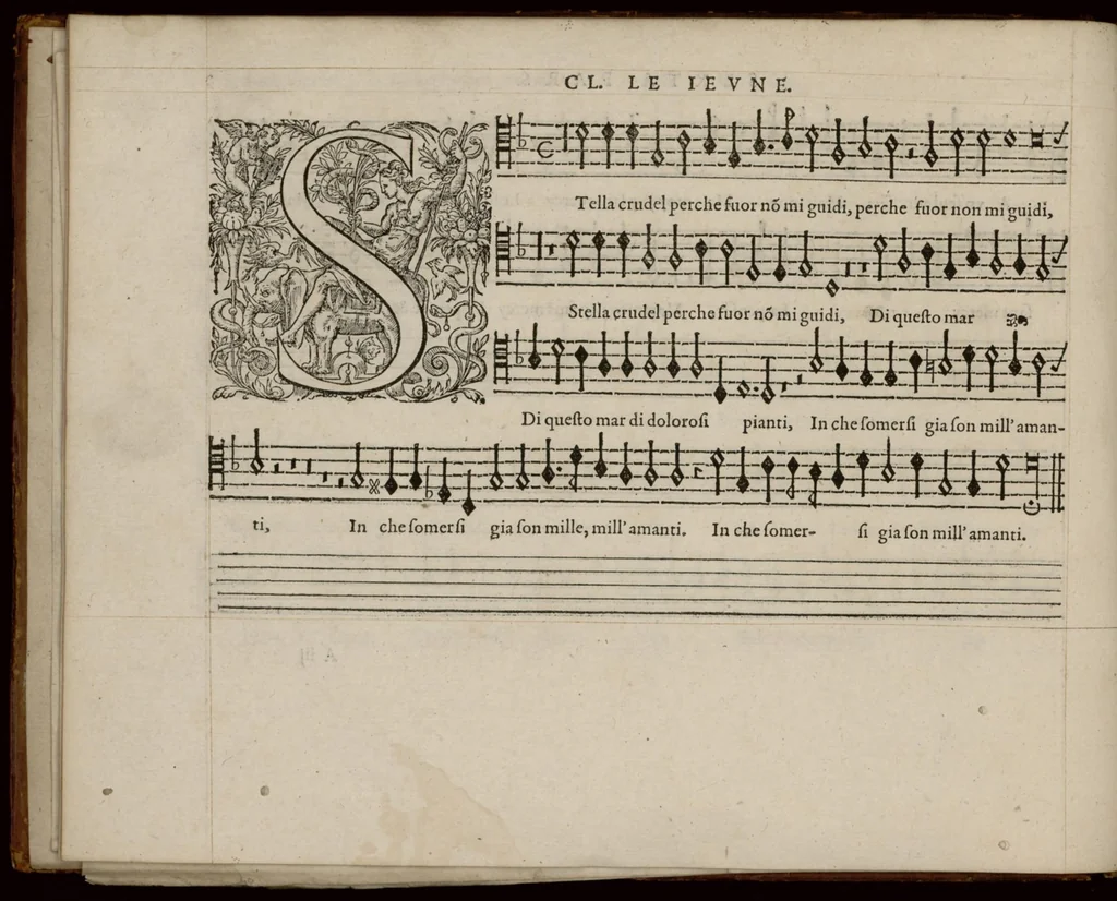 An illustration from Meslanges de la musique de Clau. Le Jeune a 4. 5. 6. 8. & 10. parties. Sexta pars., 1587, leaf 15
