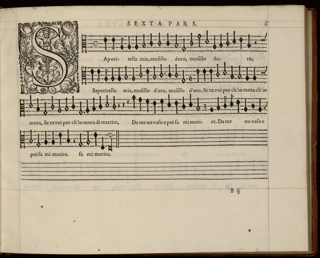 An illustration from Meslanges de la musique de Clau. Le Jeune a 4. 5. 6. 8. & 10. parties. Sexta pars., 1587, leaf 20