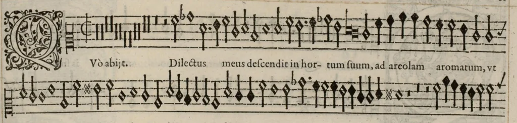 An illustration from Meslanges de la musique de Clau. Le Jeune a 4. 5. 6. 8. & 10. parties. Sexta pars., 1587, leaf 40