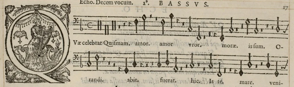 An illustration from Meslanges de la musique de Clau. Le Jeune a 4. 5. 6. 8. & 10. parties. Sexta pars., 1587, leaf 42