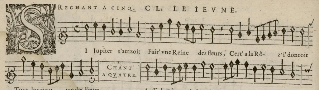 An illustration from Dessus. Le printemps de Claud. Le Jeune, natif de Valentienne, compositeur de la musique de la chambre du Roy. A deux. 3. 4. 5. 6 et 8 parties., 1603, leaf 69