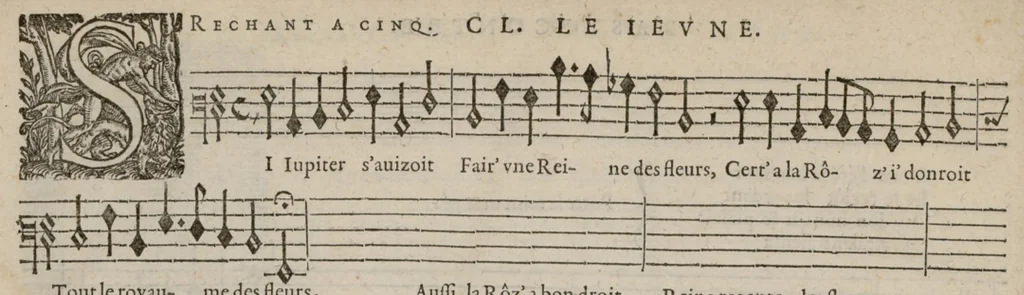 An illustration from Basse-contre. Le printemps de Claud. Le Jeune, natif de Valentienne, compositeur de la musique de la chambre du Roy. A deux. 3. 4. 5. 6 et 8 parties., 1603, leaf 69