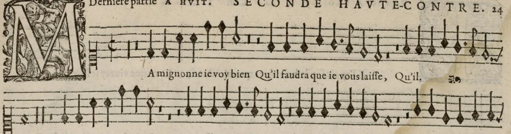 An illustration from Cinquiesme. Le printemps de Claud. Le Jeune, natif de Valentienne, compositeur de la musique de la chambre du Roy. A deux. 3. 4. 5. 6 et 8 parties. Editeur : Adresse transcrite de la page de titre : A Paris. Par la veufve R. Ballard, & son fils Pierre Ballard imprimeur en musique du Roy, deumeurans rue S. Jehan de Beauvais à l'enseigne du Mont Parnasse. M. DCIII. Avec privilege de Sa Majesté., 1603, leaf 52