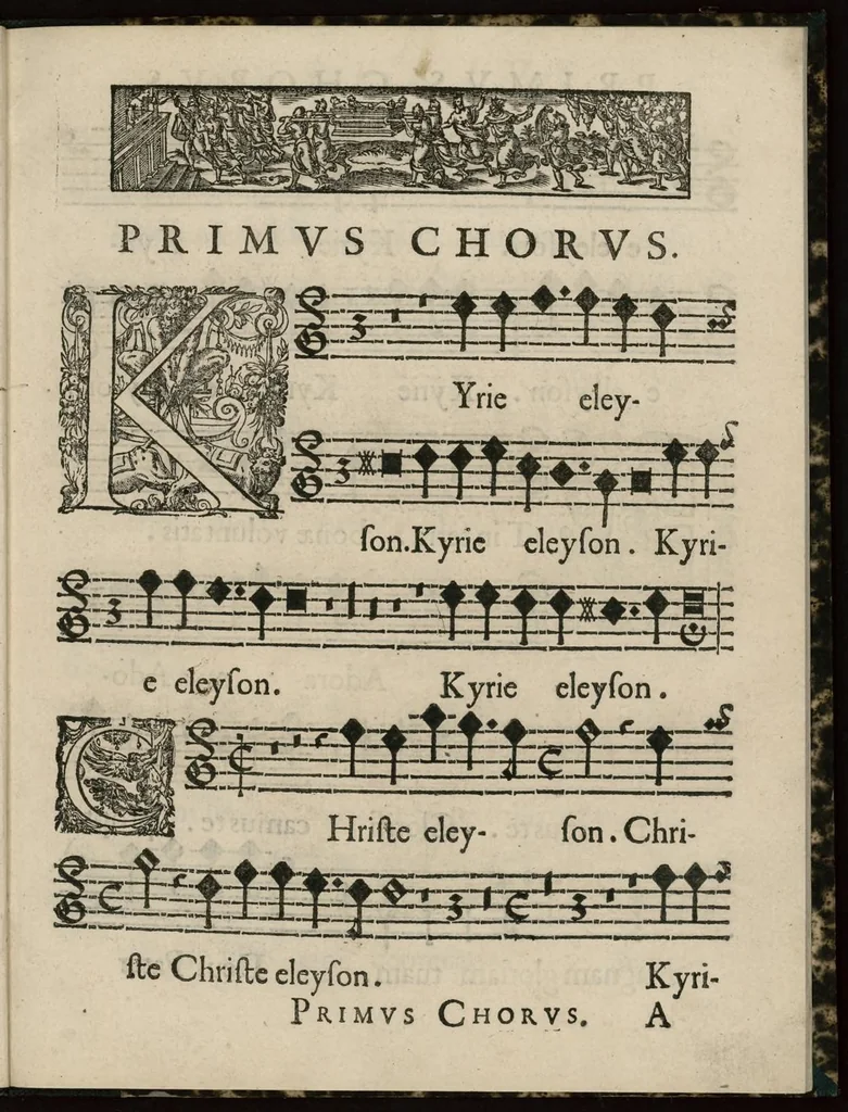 An illustration from Aeternae Henrici magni, gallorum, navarrorumque Regis potentissimi, ac Clementissimi memoriae. Et Ludovici justi : eius filii. Gallorum, navarrorumque Regis christianissimi, atque inuictissimi. Nicolaus Formé, regiae musicae praefectus. Missam hanc duobus choris ac quatuor voc. compositam, vovet et consecrat. Primus chorus. Superius., 1638, leaf 10