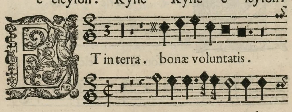 An illustration from Aeternae Henrici magni, gallorum, navarrorumque Regis potentissimi, ac Clementissimi memoriae. Et Ludovici justi : eius filii. Gallorum, navarrorumque Regis christianissimi, atque inuictissimi. Nicolaus Formé, regiae musicae praefectus. Missam hanc duobus choris ac quatuor voc. compositam, vovet et consecrat. Primus chorus. Superius., 1638, leaf 11