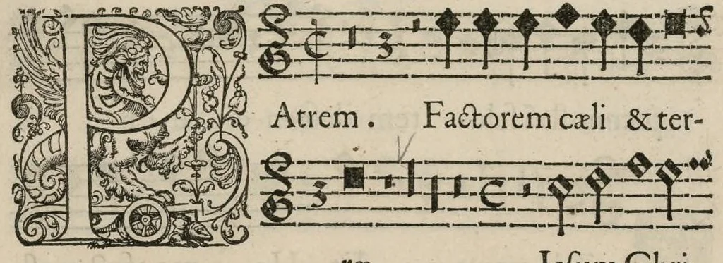 An illustration from Aeternae Henrici magni, gallorum, navarrorumque Regis potentissimi, ac Clementissimi memoriae. Et Ludovici justi : eius filii. Gallorum, navarrorumque Regis christianissimi, atque inuictissimi. Nicolaus Formé, regiae musicae praefectus. Missam hanc duobus choris ac quatuor voc. compositam, vovet et consecrat. Primus chorus. Superius., 1638, leaf 14