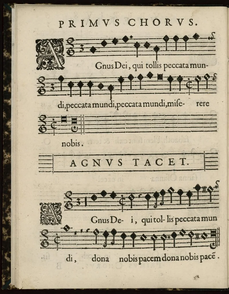 An illustration from Aeternae Henrici magni, gallorum, navarrorumque Regis potentissimi, ac Clementissimi memoriae. Et Ludovici justi : eius filii. Gallorum, navarrorumque Regis christianissimi, atque inuictissimi. Nicolaus Formé, regiae musicae praefectus. Missam hanc duobus choris ac quatuor voc. compositam, vovet et consecrat. Primus chorus. Superius., 1638, leaf 19