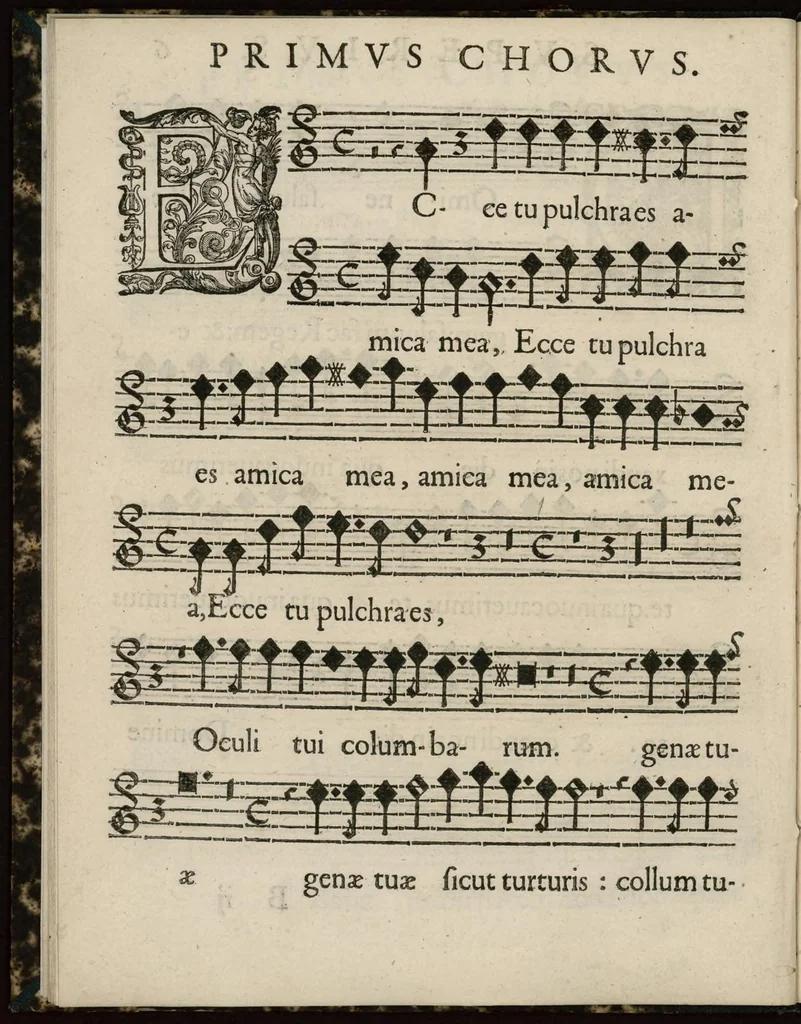 An illustration from Aeternae Henrici magni, gallorum, navarrorumque Regis potentissimi, ac Clementissimi memoriae. Et Ludovici justi : eius filii. Gallorum, navarrorumque Regis christianissimi, atque inuictissimi. Nicolaus Formé, regiae musicae praefectus. Missam hanc duobus choris ac quatuor voc. compositam, vovet et consecrat. Primus chorus. Superius., 1638, leaf 21