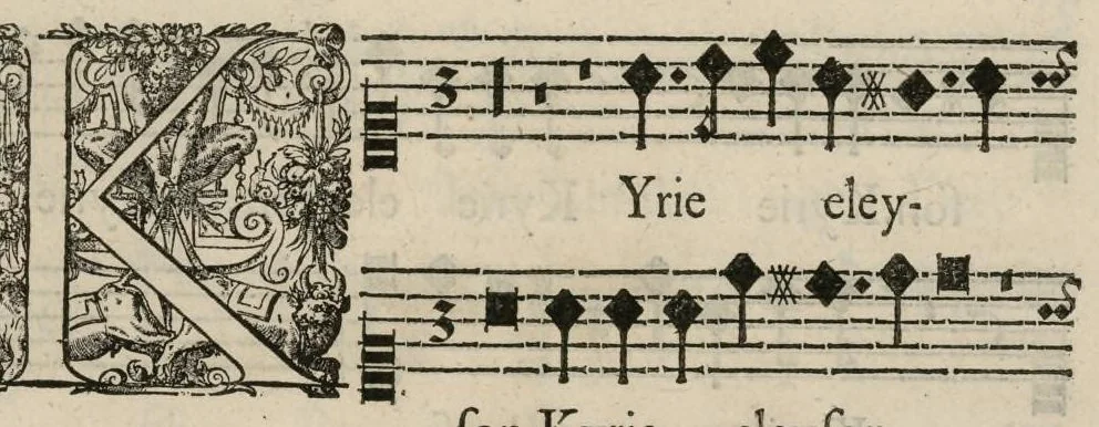 An illustration from Aeternae Henrici magni, gallorum, navarrorumque Regis potentissimi, ac Clementissimi memoriae. Et Ludovici justi : eius filii. Gallorum, navarrorumque Regis christianissimi, atque inuictissimi. Nicolaus Formé, regiae musicae praefectus. Missam hanc duobus choris ac quatuor voc. compositam, vovet et consecrat. Primus chorus. Contra., 1638, leaf 10