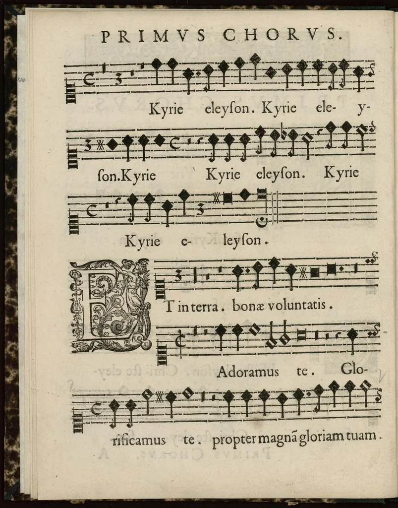 An illustration from Aeternae Henrici magni, gallorum, navarrorumque Regis potentissimi, ac Clementissimi memoriae. Et Ludovici justi : eius filii. Gallorum, navarrorumque Regis christianissimi, atque inuictissimi. Nicolaus Formé, regiae musicae praefectus. Missam hanc duobus choris ac quatuor voc. compositam, vovet et consecrat. Primus chorus. Contra., 1638, leaf 11