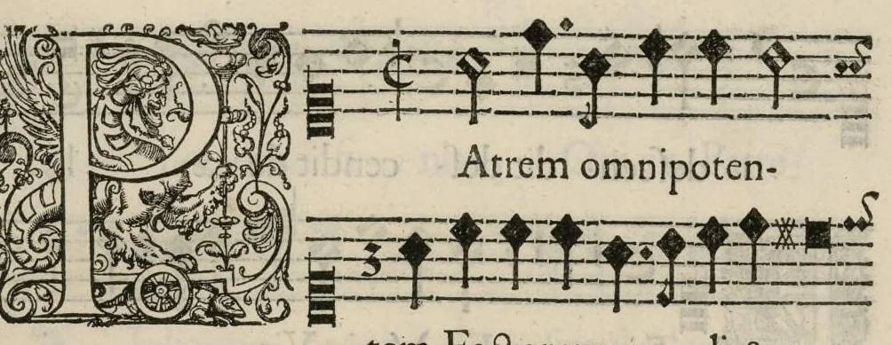 An illustration from Aeternae Henrici magni, gallorum, navarrorumque Regis potentissimi, ac Clementissimi memoriae. Et Ludovici justi : eius filii. Gallorum, navarrorumque Regis christianissimi, atque inuictissimi. Nicolaus Formé, regiae musicae praefectus. Missam hanc duobus choris ac quatuor voc. compositam, vovet et consecrat. Primus chorus. Contra., 1638, leaf 14