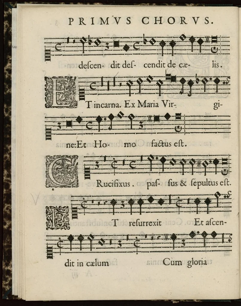 An illustration from Aeternae Henrici magni, gallorum, navarrorumque Regis potentissimi, ac Clementissimi memoriae. Et Ludovici justi : eius filii. Gallorum, navarrorumque Regis christianissimi, atque inuictissimi. Nicolaus Formé, regiae musicae praefectus. Missam hanc duobus choris ac quatuor voc. compositam, vovet et consecrat. Primus chorus. Contra., 1638, leaf 15
