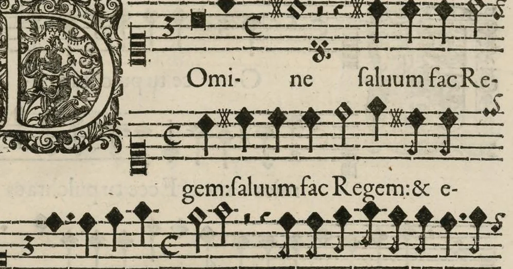 An illustration from Aeternae Henrici magni, gallorum, navarrorumque Regis potentissimi, ac Clementissimi memoriae. Et Ludovici justi : eius filii. Gallorum, navarrorumque Regis christianissimi, atque inuictissimi. Nicolaus Formé, regiae musicae praefectus. Missam hanc duobus choris ac quatuor voc. compositam, vovet et consecrat. Primus chorus. Contra., 1638, leaf 20