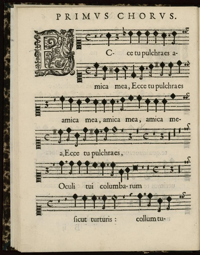 An illustration from Aeternae Henrici magni, gallorum, navarrorumque Regis potentissimi, ac Clementissimi memoriae. Et Ludovici justi : eius filii. Gallorum, navarrorumque Regis christianissimi, atque inuictissimi. Nicolaus Formé, regiae musicae praefectus. Missam hanc duobus choris ac quatuor voc. compositam, vovet et consecrat. Primus chorus. Contra., 1638, leaf 21