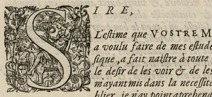 An illustration from Aeternae Henrici magni, gallorum, navarrorumque Regis potentissimi, ac Clementissimi memoriae. Et Ludovici justi : eius filii. Gallorum, navarrorumque Regis christianissimi, atque inuictissimi. Nicolaus Formé, regiae musicae praefectus. Missam hanc duobus choris ac quatuor voc. compositam, vovet et consecrat. Primus chorus. Contra., 1638, leaf 8