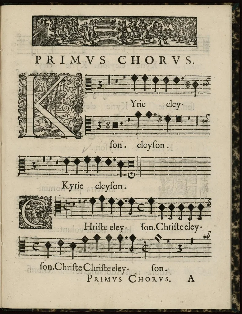 An illustration from Aeternae Henrici magni, gallorum, navarrorumque Regis potentissimi, ac Clementissimi memoriae. Et Ludovici justi : eius filii. Gallorum, navarrorumque Regis christianissimi, atque inuictissimi. Nicolaus Formé, regiae musicae praefectus. Missam hanc duobus choris ac quatuor voc. compositam, vovet et consecrat. Primus chorus. Tenor., 1638, leaf 10