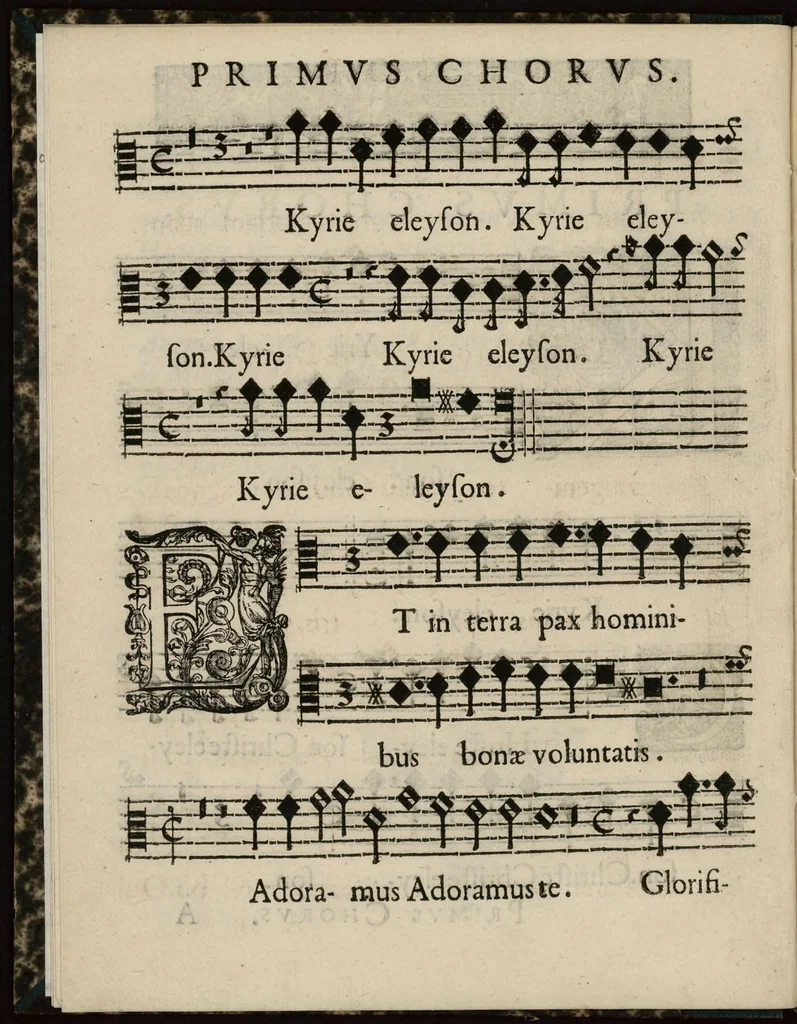 An illustration from Aeternae Henrici magni, gallorum, navarrorumque Regis potentissimi, ac Clementissimi memoriae. Et Ludovici justi : eius filii. Gallorum, navarrorumque Regis christianissimi, atque inuictissimi. Nicolaus Formé, regiae musicae praefectus. Missam hanc duobus choris ac quatuor voc. compositam, vovet et consecrat. Primus chorus. Tenor., 1638, leaf 11