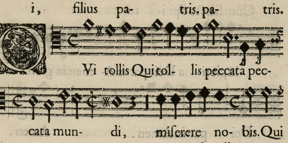 An illustration from Aeternae Henrici magni, gallorum, navarrorumque Regis potentissimi, ac Clementissimi memoriae. Et Ludovici justi : eius filii. Gallorum, navarrorumque Regis christianissimi, atque inuictissimi. Nicolaus Formé, regiae musicae praefectus. Missam hanc duobus choris ac quatuor voc. compositam, vovet et consecrat. Primus chorus. Tenor., 1638, leaf 12