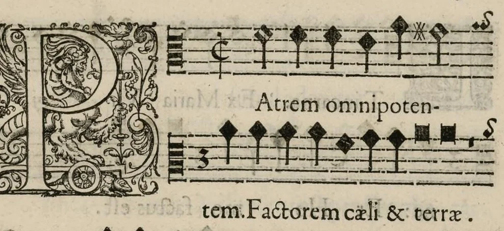 An illustration from Aeternae Henrici magni, gallorum, navarrorumque Regis potentissimi, ac Clementissimi memoriae. Et Ludovici justi : eius filii. Gallorum, navarrorumque Regis christianissimi, atque inuictissimi. Nicolaus Formé, regiae musicae praefectus. Missam hanc duobus choris ac quatuor voc. compositam, vovet et consecrat. Primus chorus. Tenor., 1638, leaf 14