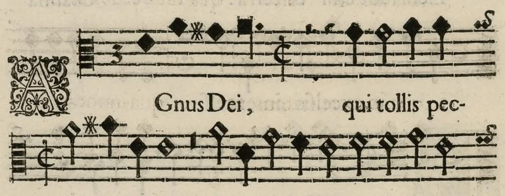 An illustration from Aeternae Henrici magni, gallorum, navarrorumque Regis potentissimi, ac Clementissimi memoriae. Et Ludovici justi : eius filii. Gallorum, navarrorumque Regis christianissimi, atque inuictissimi. Nicolaus Formé, regiae musicae praefectus. Missam hanc duobus choris ac quatuor voc. compositam, vovet et consecrat. Primus chorus. Tenor., 1638, leaf 19