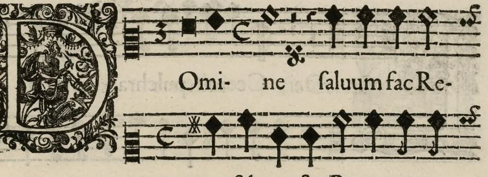 An illustration from Aeternae Henrici magni, gallorum, navarrorumque Regis potentissimi, ac Clementissimi memoriae. Et Ludovici justi : eius filii. Gallorum, navarrorumque Regis christianissimi, atque inuictissimi. Nicolaus Formé, regiae musicae praefectus. Missam hanc duobus choris ac quatuor voc. compositam, vovet et consecrat. Primus chorus. Tenor., 1638, leaf 20