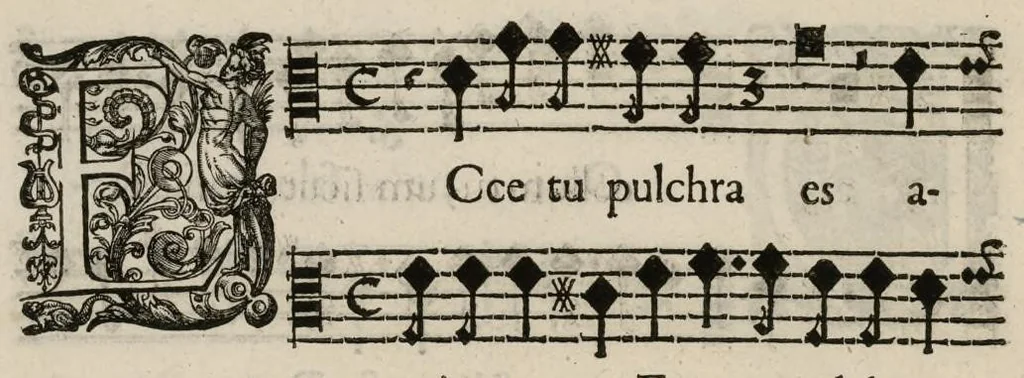 An illustration from Aeternae Henrici magni, gallorum, navarrorumque Regis potentissimi, ac Clementissimi memoriae. Et Ludovici justi : eius filii. Gallorum, navarrorumque Regis christianissimi, atque inuictissimi. Nicolaus Formé, regiae musicae praefectus. Missam hanc duobus choris ac quatuor voc. compositam, vovet et consecrat. Primus chorus. Tenor., 1638, leaf 21