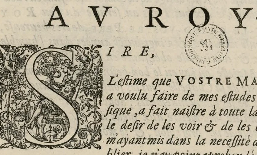 An illustration from Aeternae Henrici magni, gallorum, navarrorumque Regis potentissimi, ac Clementissimi memoriae. Et Ludovici justi : eius filii. Gallorum, navarrorumque Regis christianissimi, atque inuictissimi. Nicolaus Formé, regiae musicae praefectus. Missam hanc duobus choris ac quatuor voc. compositam, vovet et consecrat. Primus chorus. Tenor., 1638, leaf 8